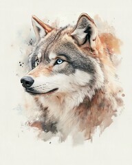Fototapeta premium ็High quality print design, Artistic watercolor wolf portrait with blue eyes.