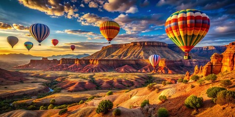 Fototapeta premium Colorful Hot Air Balloons Soaring Over the Dramatic Southern Utah Desert Landscape at Sunrise