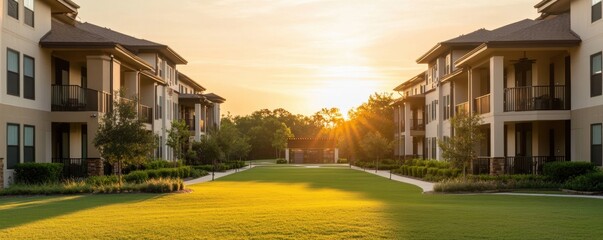 Obraz premium A preview of an apartment complex with green grass and trees in the background A spacious lawn is seen between two rows of apartment buildings Generative AI