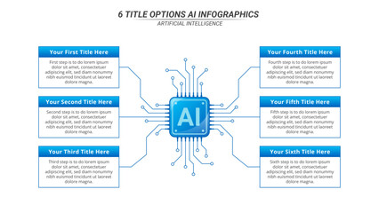 Artificial Intelligence Infographic with 6 Options and Editable Text on a 16:9 Layout for Business Presentation, Poster, Banner and Booklet.