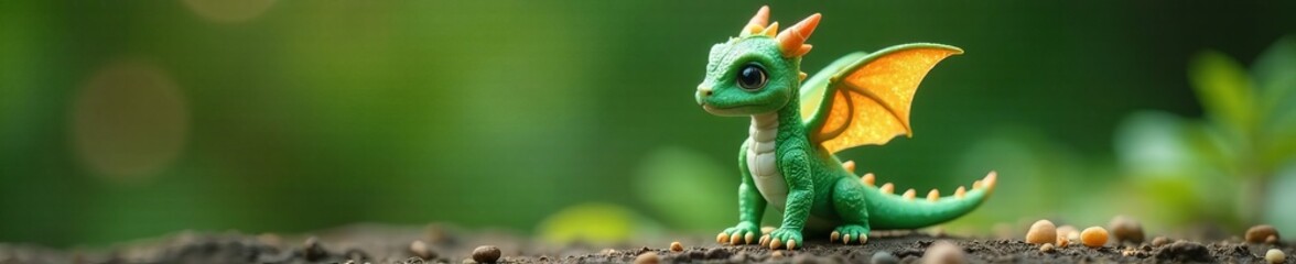 Obraz premium Close-up of a tiny sage green dragon with glittery wings, small, green