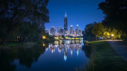 Obraz premium City skyline at night reflecting on a calm river with illuminated buildings and lush greenery.
