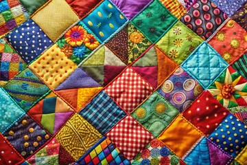 Fototapeta premium Colorful Patchwork Fabric Background for Greeting Cards - Vibrant Textile Texture