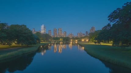 Serene cityscape at dusk, reflecting lights on a calm river surrounded by greenery.