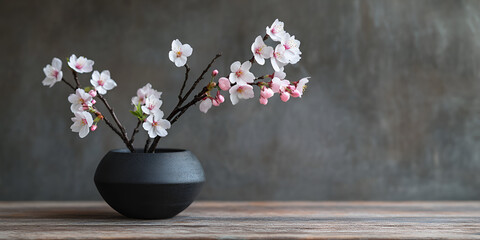 Black Vase with White and Pink Blossoms on Wooden Table
