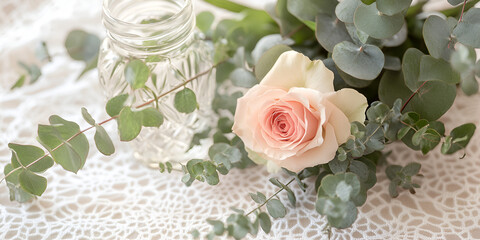 Fresh Rose and Eucalyptus Arrangement in Glass Vase,  on net embroider table cover , romantic roses in pink with green soft leaves