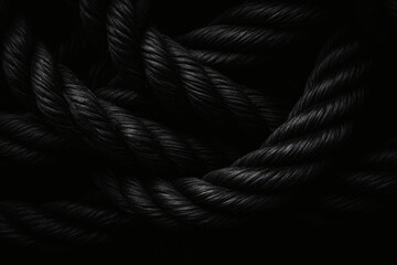 Dramatic coil of dark rope against a black background offering contrast