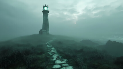 A foggy green labyrinth pathway. Eerie - Lighthouse. Illustration