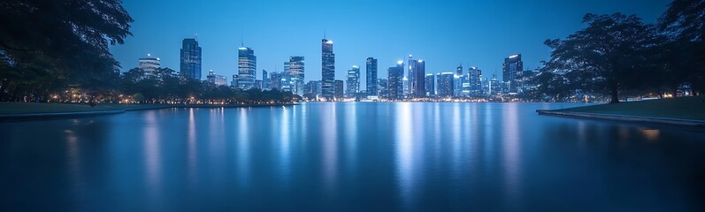 Fototapeta premium City skyline illuminated at night, reflecting on water with a tranquil atmosphere.