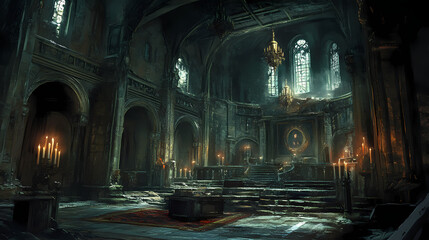 A gothic-style ancient academy where a mysterious professor delivers an eerie introductory lecture in a candle-lit hall. Eerie - Lighthouse. Illustration