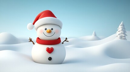 Happy snowman winter scene, snowy landscape, Christmas card