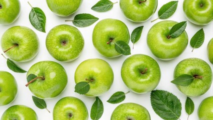 Green Apples and Leaves Flat Lay on White