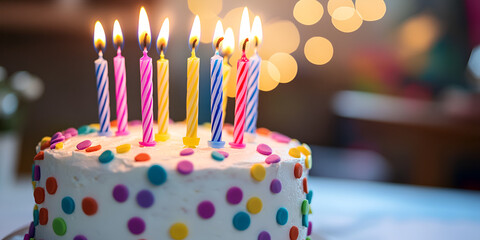 Birthday Cake with Colorful Candles and Polka Dots
