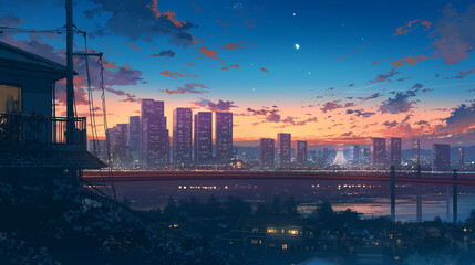 Fototapeta premium 夕暮れから夜へと移り変わる都市風景 温かい光が灯るレトロな日本のアパート