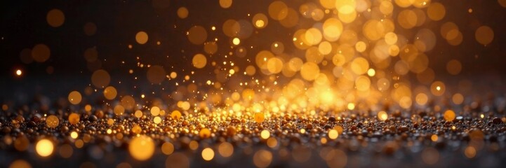 Glittering gold particles suspended in air with falling confetti and soft magic light, whimsical atmosphere, fairy lights