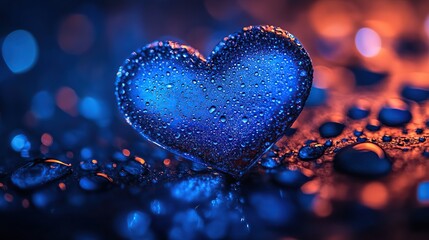 Fototapeta premium Blue glass heart, water drops, bokeh background, romantic, Valentine's