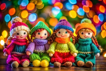 Fototapeta premium Colorful Woolen Dolls in Playful Poses: Charming Handmade Toys Photography