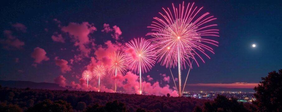 Fireworks light up night sky with colorful explosions , fireworks, colors