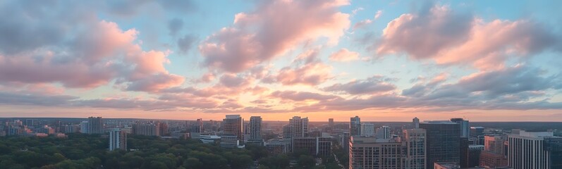 Fototapeta premium Vibrant city skyline at sunset with colorful clouds and a lush green foreground.