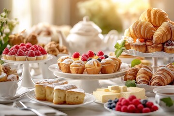 Obraz premium Elegant Dessert and Pastry Display: Fresh Berries, Croissants, Cupcakes & More