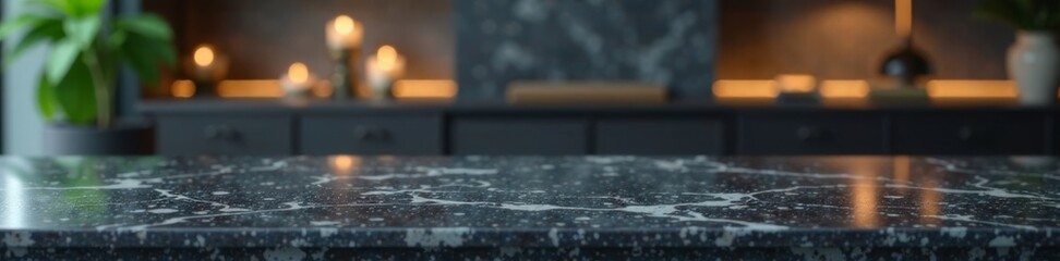 Black marble stone table top with blurred room view , black marble, room