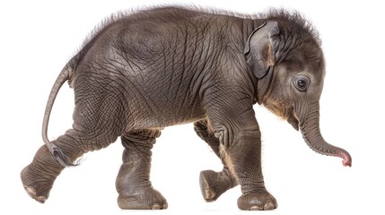 Fototapeta premium Baby elephant walking, white background, wildlife, animal portrait, zoology