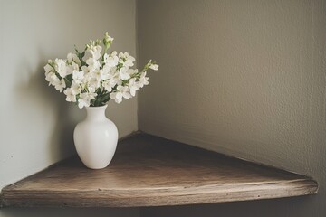 Elegant White Flowers in Simple Vase on Wooden Corner Shelf