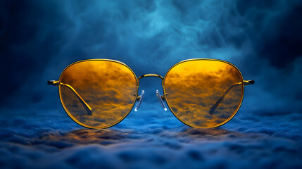 Golden Aviator Sunglasses Product Shot on Blue Smoky Background - 3D Render