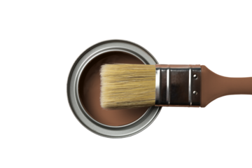 PNG, Paint, can of brown paint with a brush, isolated on a white background