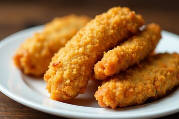 Close-up of crispy golden fried chicken tenders on a white plate, fried, food