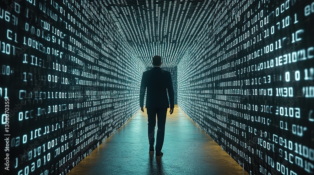 Poster man walks binary code tunnel, digital future, data stream background, tech concept