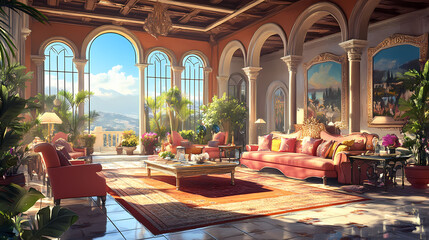 Mediterranean villa-inspired living room exudes timeless elegance with sunlit spaces, ornate details, and inviting luxury. Timeless - Garden. Illustration