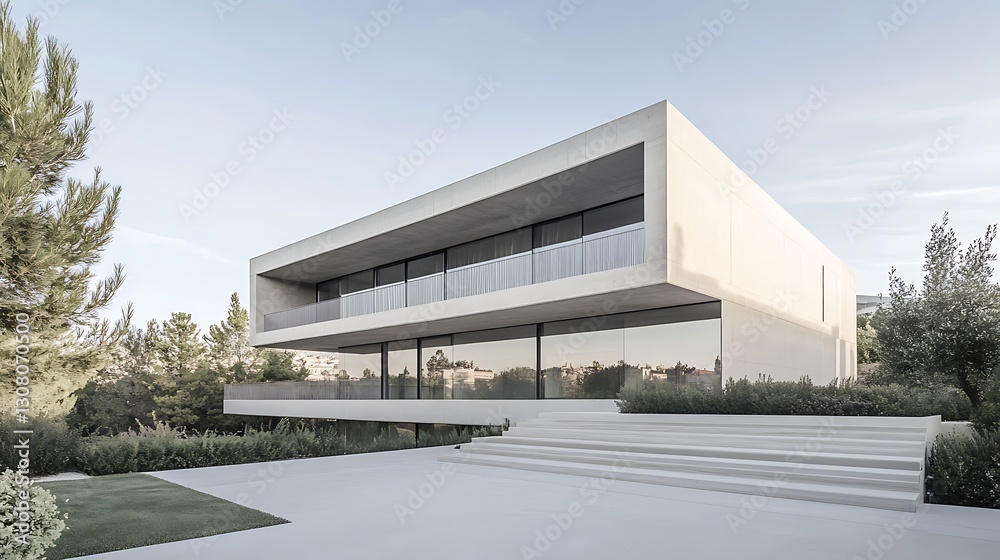 Aufkleber modern minimalist house with large windows and surrounding greenery.