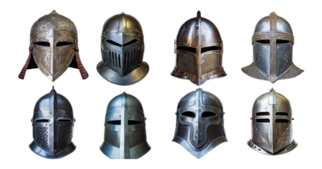 Various Antique Knight Helmets Displayed on a White Background, isolated on transparent background