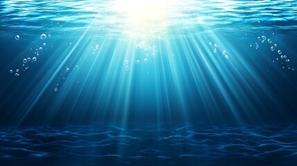 Obraz premium Underwater sunbeams, ocean floor, bubbles, serene scene; background for marine life