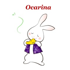 ウサギが楽しそうにオカリナを吹いているイラスト