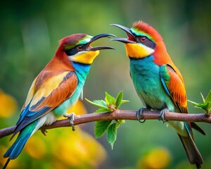 Fototapeta premium Beautiful colorful birds scream at each other , wild nature background.