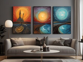 Set of Four Colorful Abstract Landscape Paintings