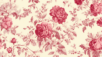 Vintage inspired seamless toile de jouy pattern featuring intricate floral designs in shades of pink on soft cream background, evoking classic and elegant aesthetic. Timeless - Garden. Illustration