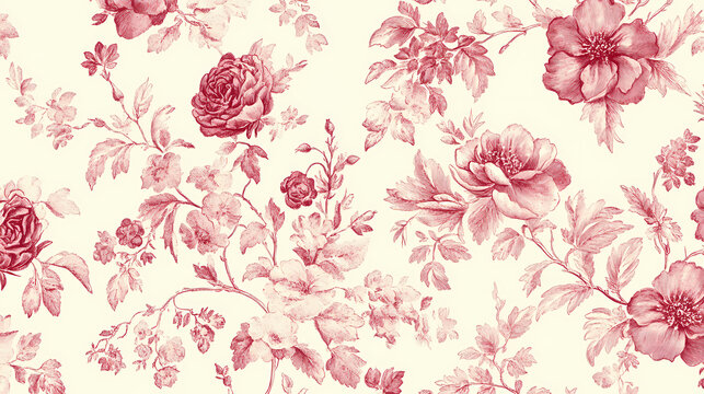 Vintage inspired seamless toile de jouy pattern featuring intricate floral designs in shades of pink on soft cream background, evoking classic and elegant aesthetic. Timeless - Garden. Illustration