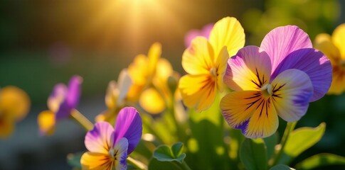 Close-up of delicate pansies in a sunny garden setting, garden, flowers
