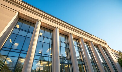 Fototapeta premium Modern building with large glass windows and classical columns under a clear blue sky.