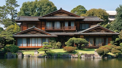 Naklejka premium Japanese house, garden, pond, sunny day, tranquil scene, real estate