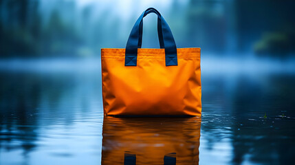 Orange Tote Bag on Calm Water - A Realistic Product Photography Image