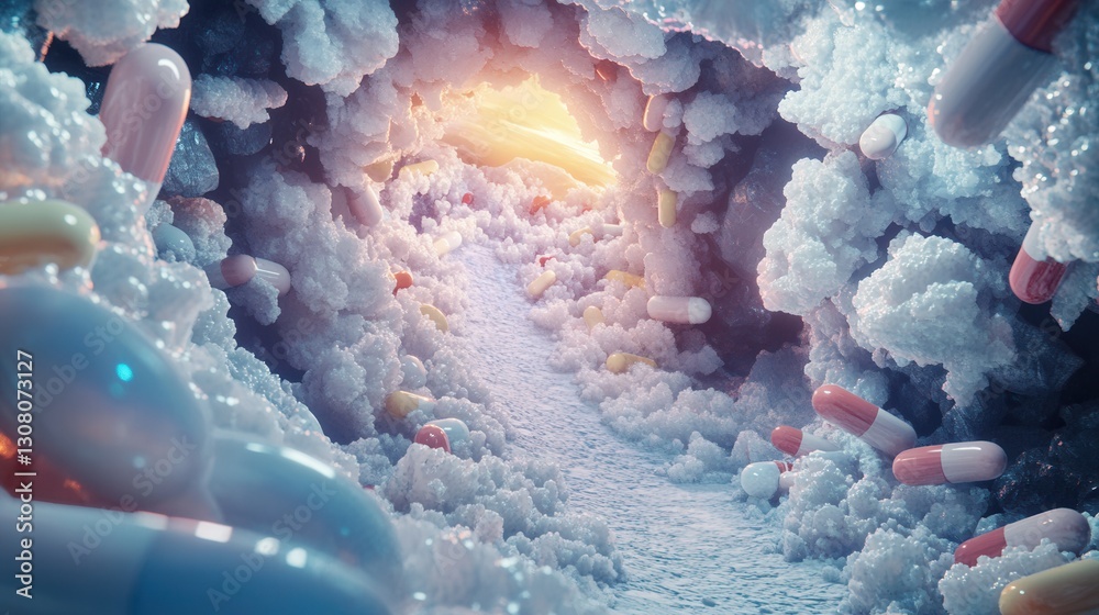 Poster surreal landscape of colorful pills illuminated by dreamlike light in a fantasy realism setting gene
