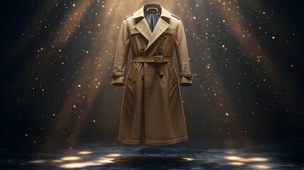 Elegant Beige Trench Coat 3D Render on Dark Abstract Background with Golden Lights