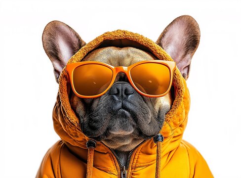 Cool French Bulldog in Orange Hoodie and Sunglasses: Adorable Pet Fashion Portrait
