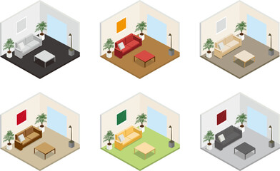 リビングのアイソメトリックなイラスト6色セット