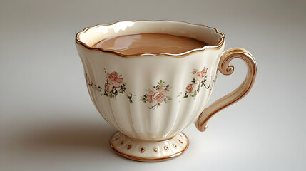 Elegant 3D Render of a Vintage Teacup Filled with Coffee, Floral Design, Realistic Image