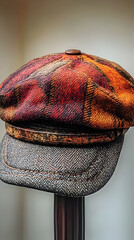 Autumn Plaid Newsboy Cap: A Detailed Photo of a Stylish, Warm Hat